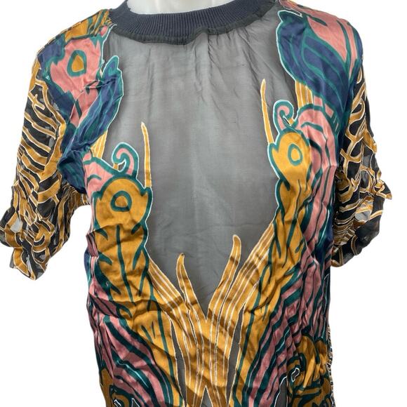 Teca 100% Silk Multicolor Mesh High Neck Short Sleeve Sheer Blouse Top Size M - Picture 3 of 5